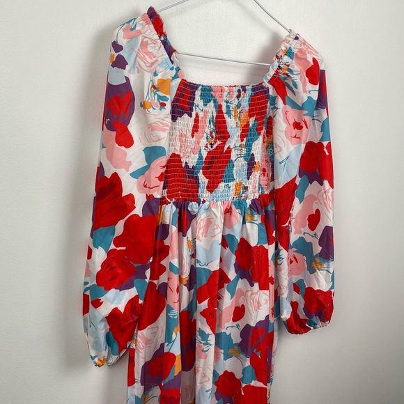Floral Print Shirred Bishop Sleeve Square Neck A-Line Dress - Picture 4 of 7